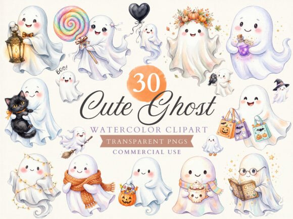 Download Cute Watercolor Ghost Clipart Bundle - Cute Collection