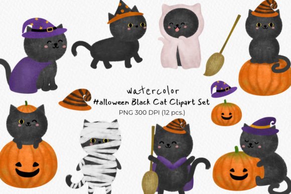 Download Cute Watercolor Halloween Black Cat Set - Halloween Collection