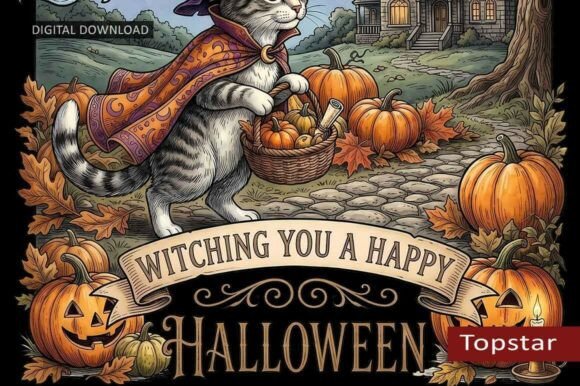 Download Halloween Decor Art Witchy Cat Scene - Halloween Collection